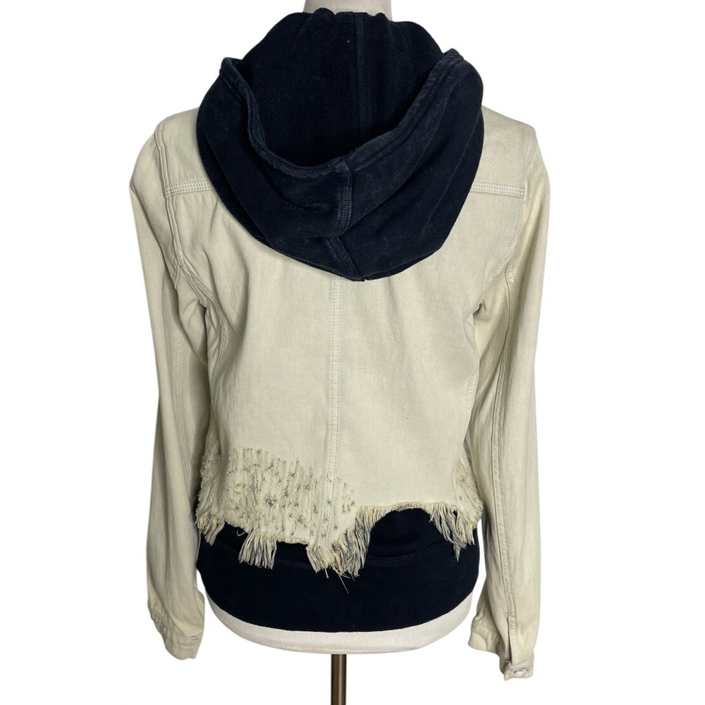 Free People Double Weave Light Denim Distressed Jacket Navy Hoodie Insert Small - Picture 4 of 5